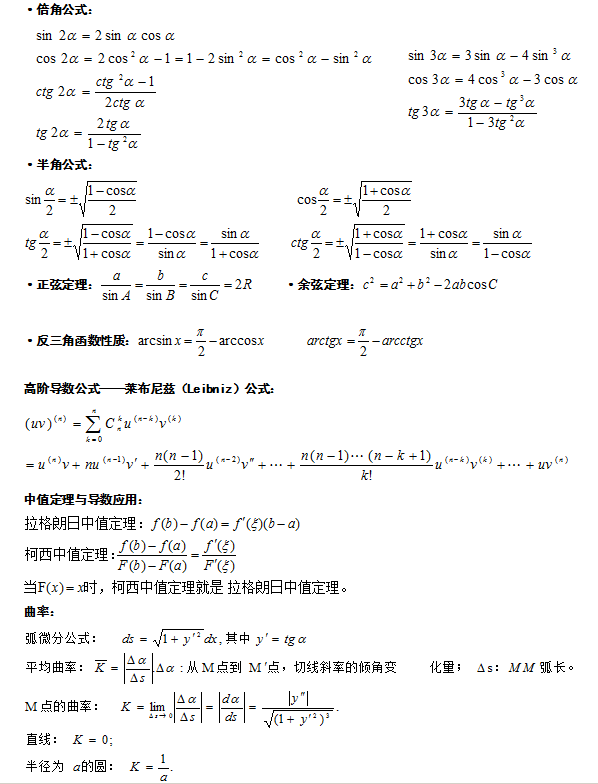 成人高考高起點高等數(shù)學公式(2)